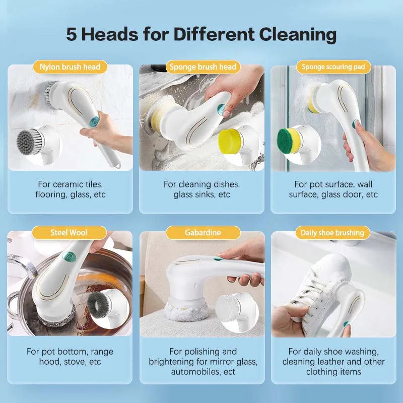 Multi-Function Five Type Brush Heads Rotation Electric Cleaning Brush Suitable For Cleaning Shoes In The Bathroom And Kitchen