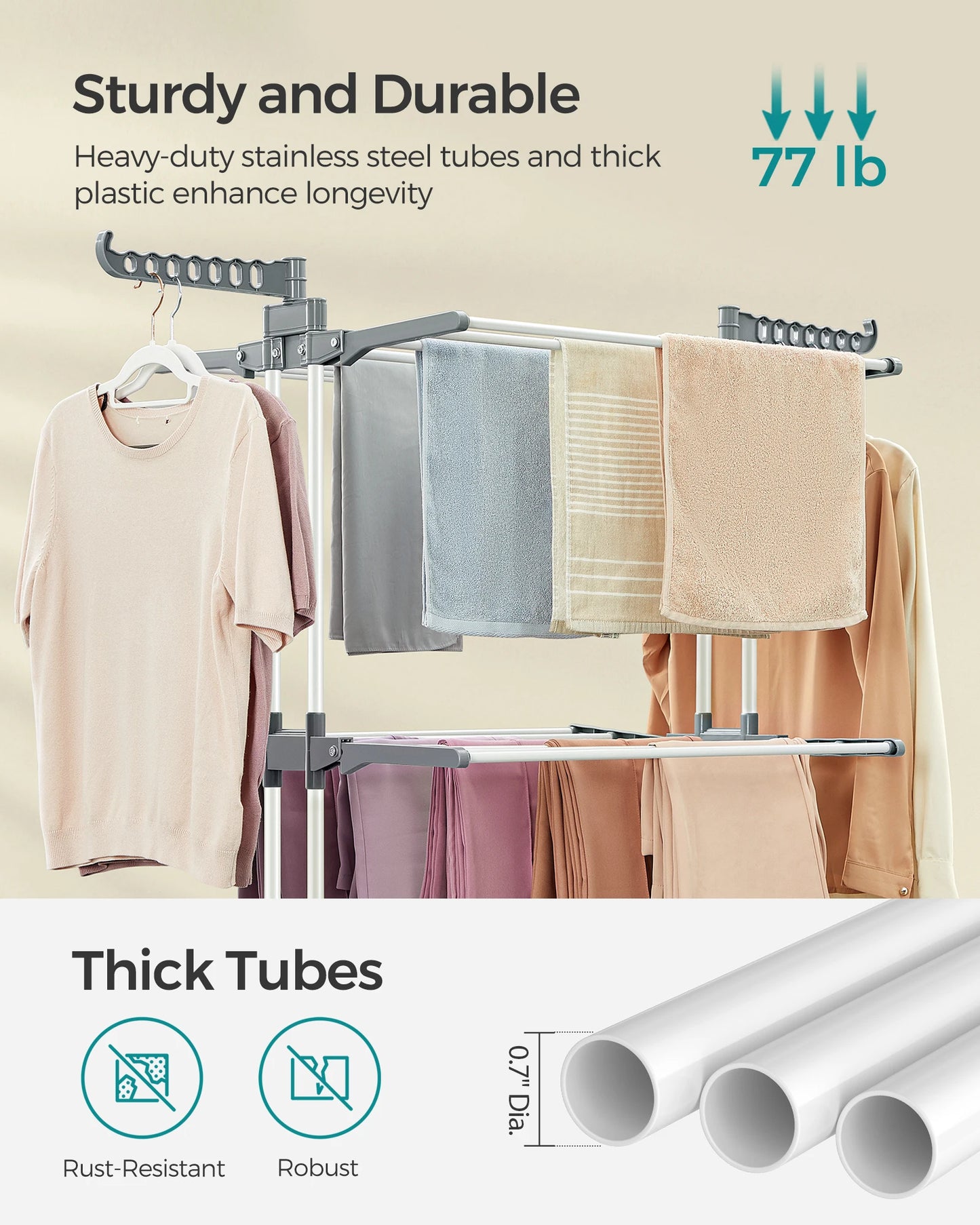 SONGMICS Clothes Drying Rack Stand 4-Tier, Foldable Laundry Drying Rack 68.1-Inch Tall, Steel, Rolling Clothes Horses Dryer Rack