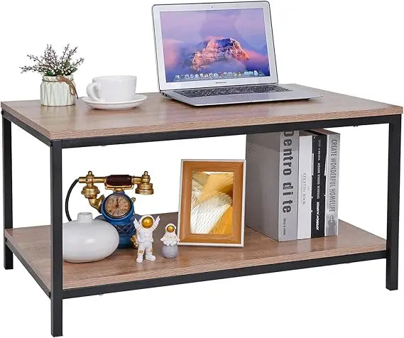 Industrial Coffee Table with Storage Shelf for Living Room, Wood Look Accent Furniture with Vintage Wooden Board Stable Metal F