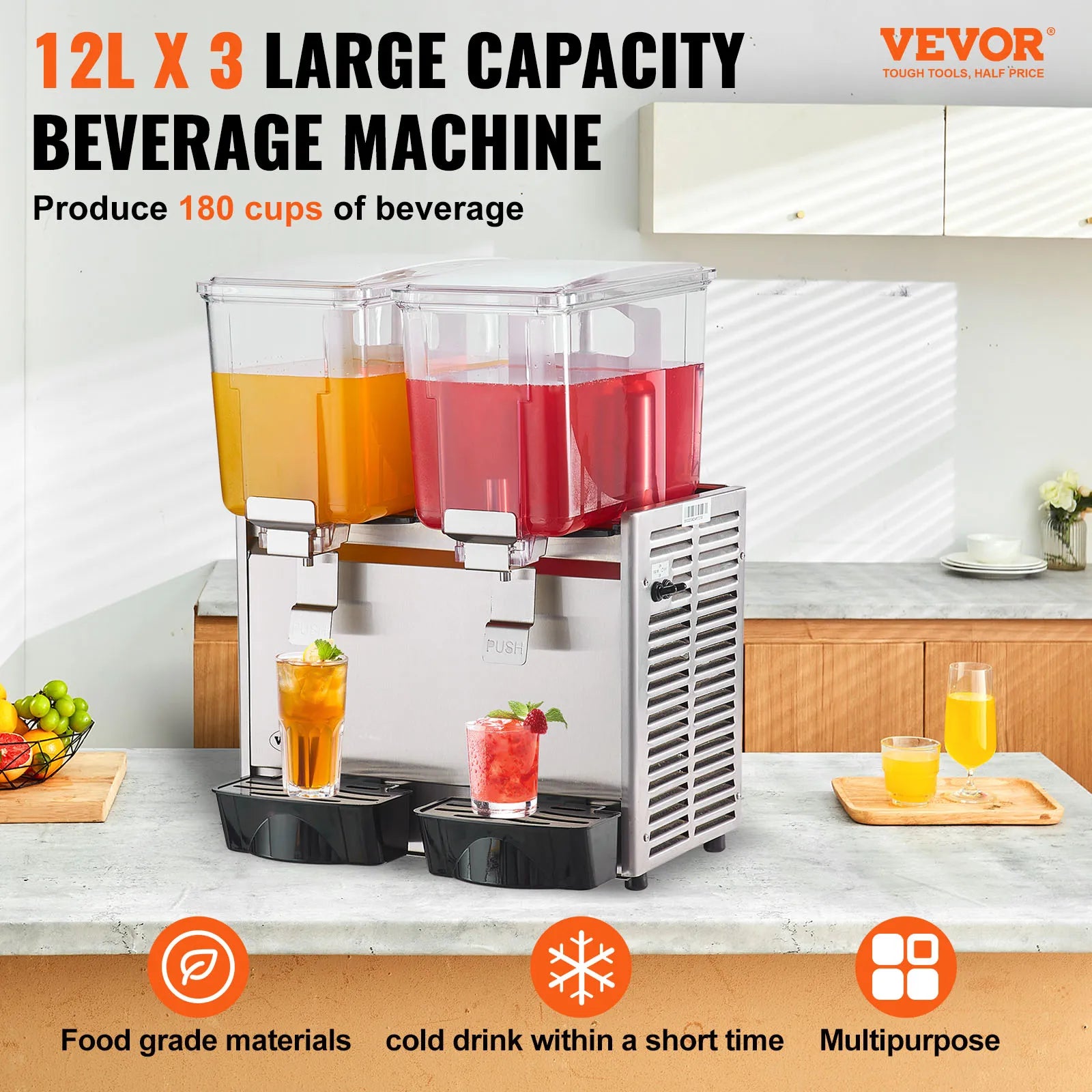 SucceBuy 2 3 Tanks Commercial Beverage Dispenser Ice Tea Drink Machine 304 Stainless Steel Juice Dispenser for Restaurant Hotel