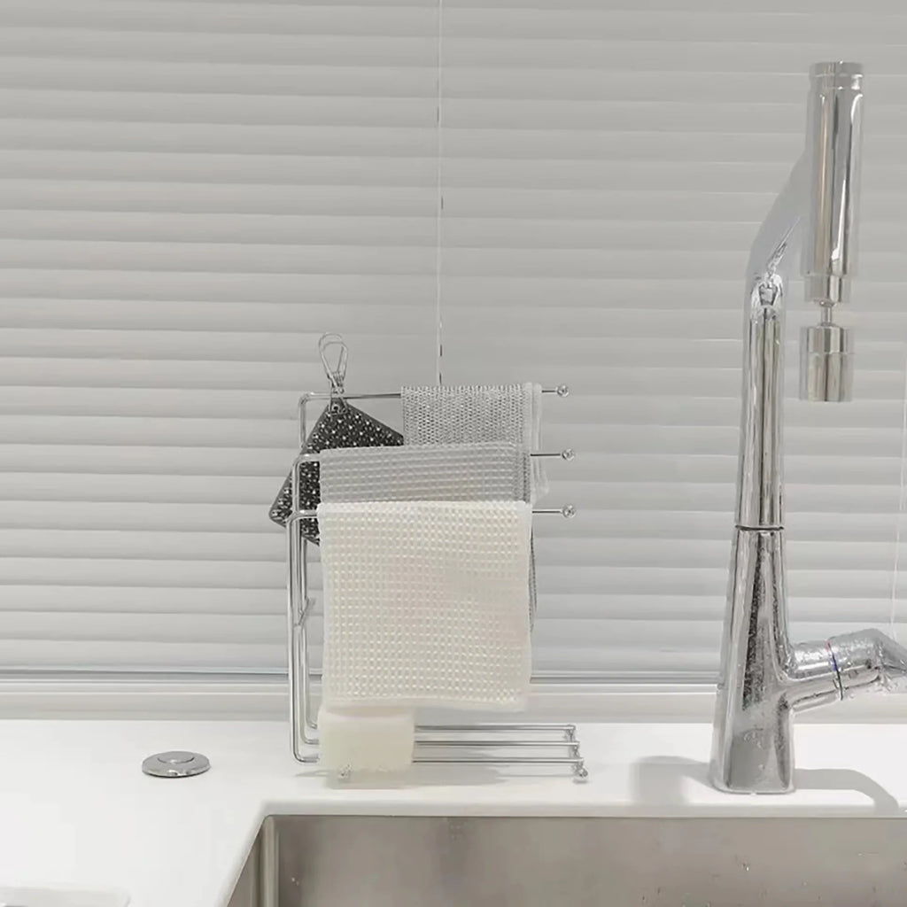 Stainless Steel Kitchen Towel Rack with Soap Dish,3-Bar Dish Cloth Hanger with Drain Tray,No-Drill Countertop Organizer for Sink