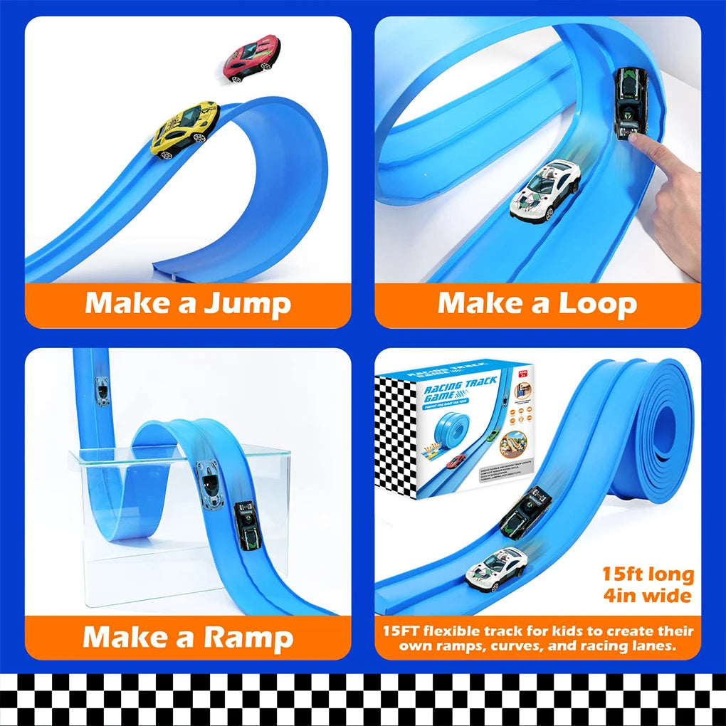 Double-track Race Children Toys DIY Track Racing Car Ramp Compatible 1/64th Cars Portable Rolls Up With suction cup track