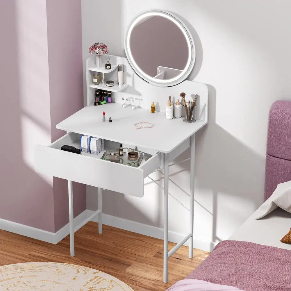 Makeup Vanity Desk with LED Lighted Mirror Vanity Table with 1 Drawer and 2 Opening Shelves 3 Modes Brightness Adjustable