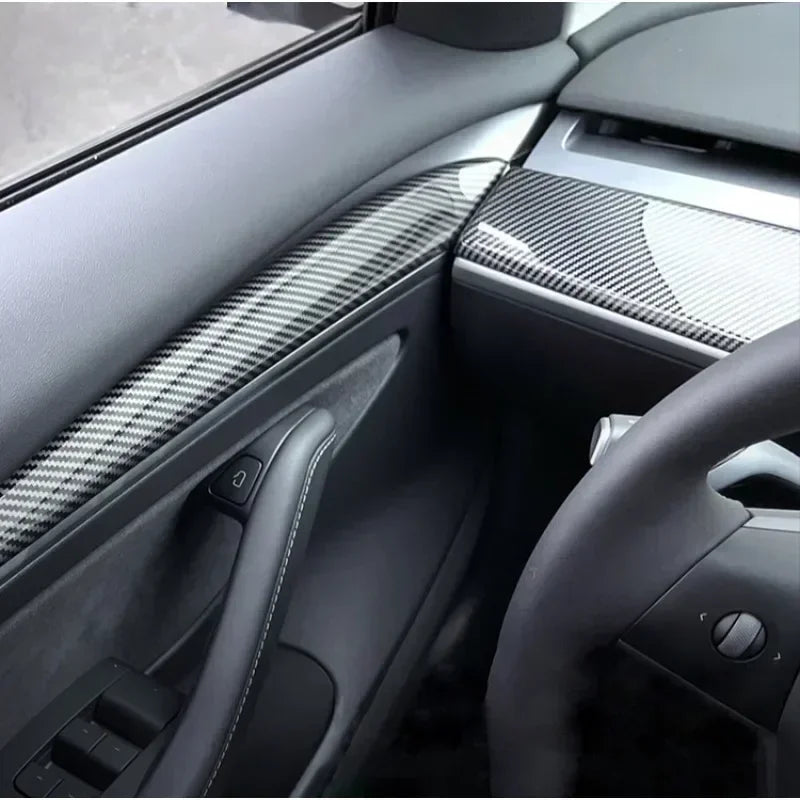 Car Door Side Trim Dashboard Cover For Tesla Model 3 Y Carbon Fiber Pattern Front Interior Dashboard Central Control Trim Strip