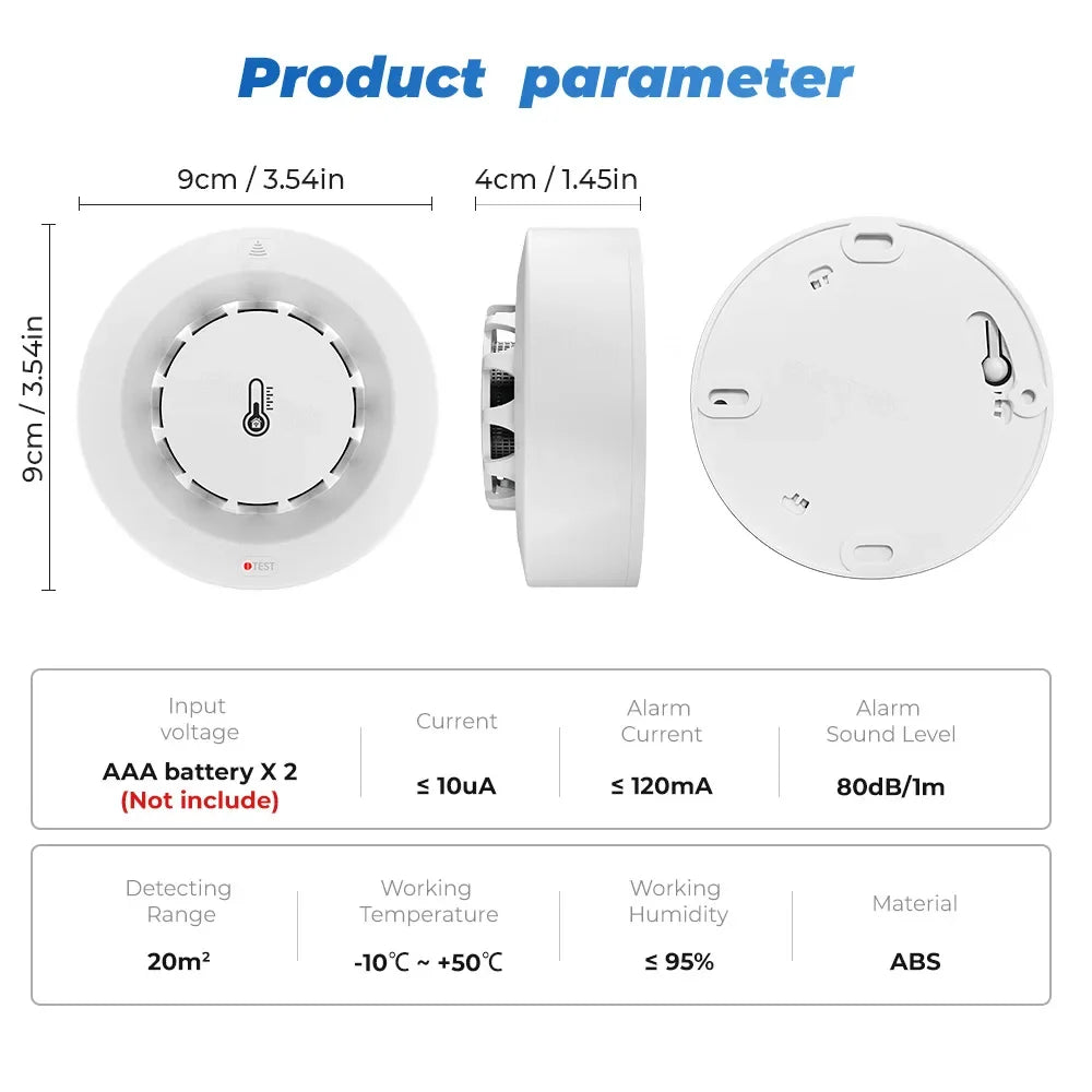 Tuya Wifi BT Two Connection Smoke Detector Temperature Humidity Measurement Device 80dB Sound Alarm Remote Push Alert Function