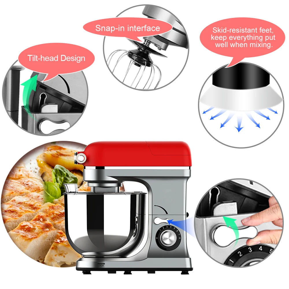 Kitchen 6.5 Liters Big Capacity 3 In 1 Food Mixer 1300w Electric Food Stand Dough Mixer With Stainless Steel Bowl