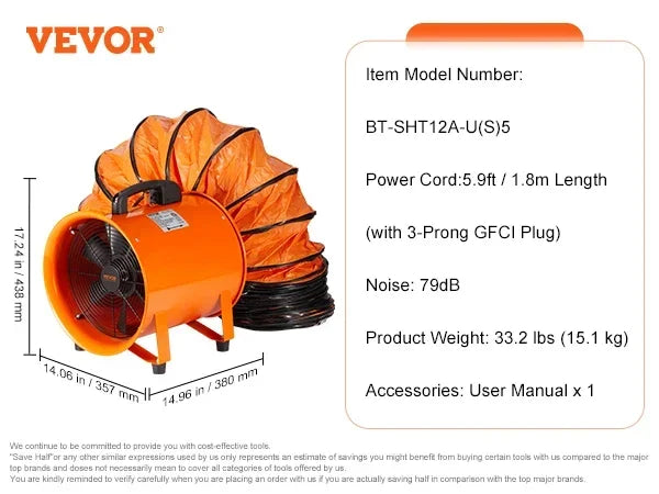 VEVOR Portable Ventilator 12 inch Cylinder Fan with 33/16.4ft Hose 585W 3198CFM Industrial Utility Blower for Sucking Dust Smoke