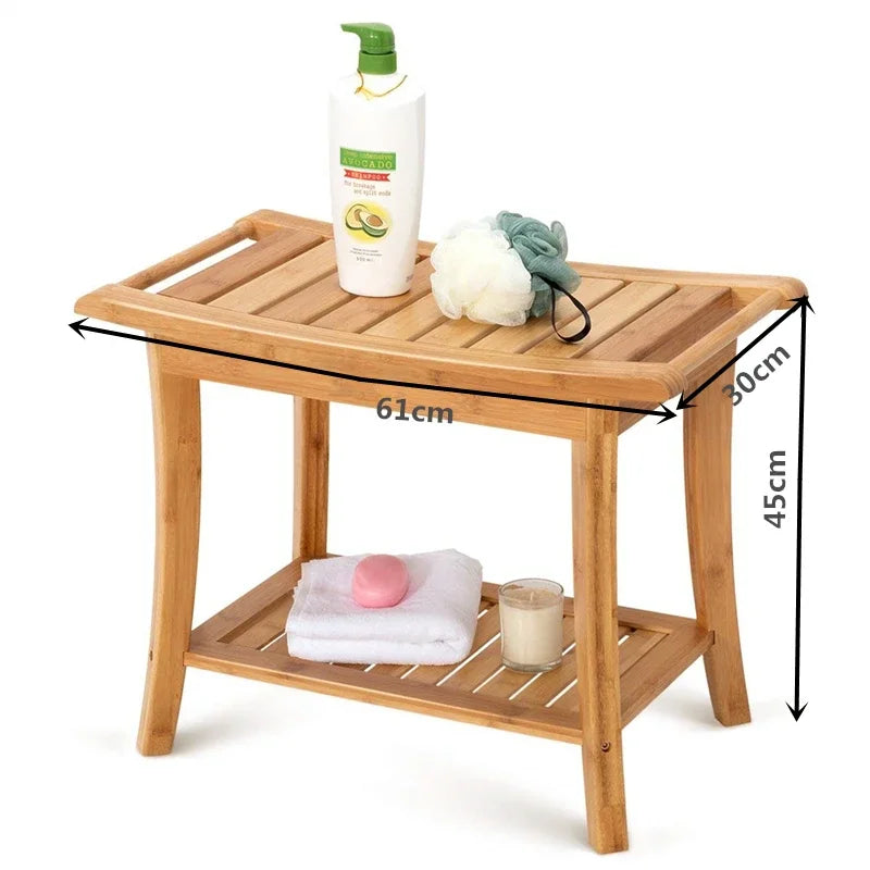 Bamboo Shower Bench Anti Slip Thickening Shower Stool with Storage Shelf Spa Bath Seat for Bathroom Organizer Hallway Bench