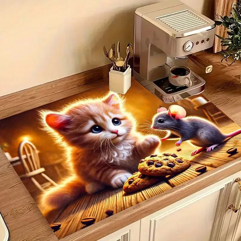 Kitten Cute Cat Kitchen Tableware Drying Mat Coffee Machine Drain Pad Countertop Absorbent Draining Mat Dinnerware Table Decor