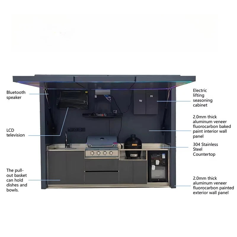 Customized Wholesale Outdoor Cooking Station Brushed Silver Intelligent BBQ Pod Full Kitchen Cabinets
