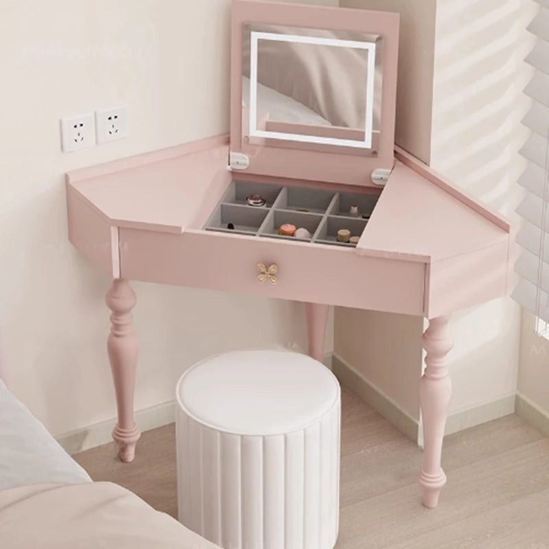 Flip Lights Storage Vanity Table Mirror Drawers Woman Small Cabinet Bedroom Dressers Girl Makeup Pink Coiffeuse Furniture Home