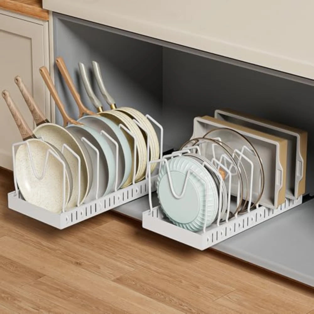 Kitchen Cabinet Pull Out Tray Organizer Adjustable Dish Rack with Slide Rails for Pots and Pans Storage