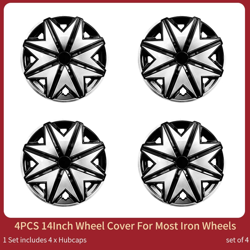 Universal 14 inch Starfish Hubcaps Black & Silver Wheel Covers for Cars Set of 4 Fits Honda, Volkswagen, Chevy, Mazda, Dodge