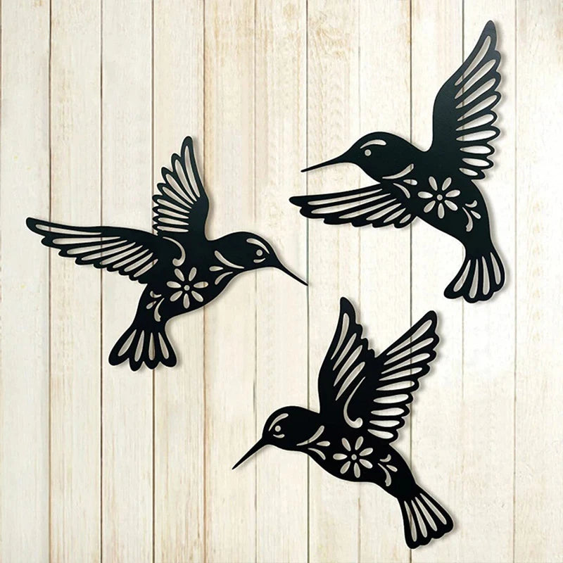 DDPNKL 3Pcs/Set Black Metal Hummingbird Wall Decor Hollow Out Iron Art Bird Sculpture Ornament Waterproof Hanging Figurines
