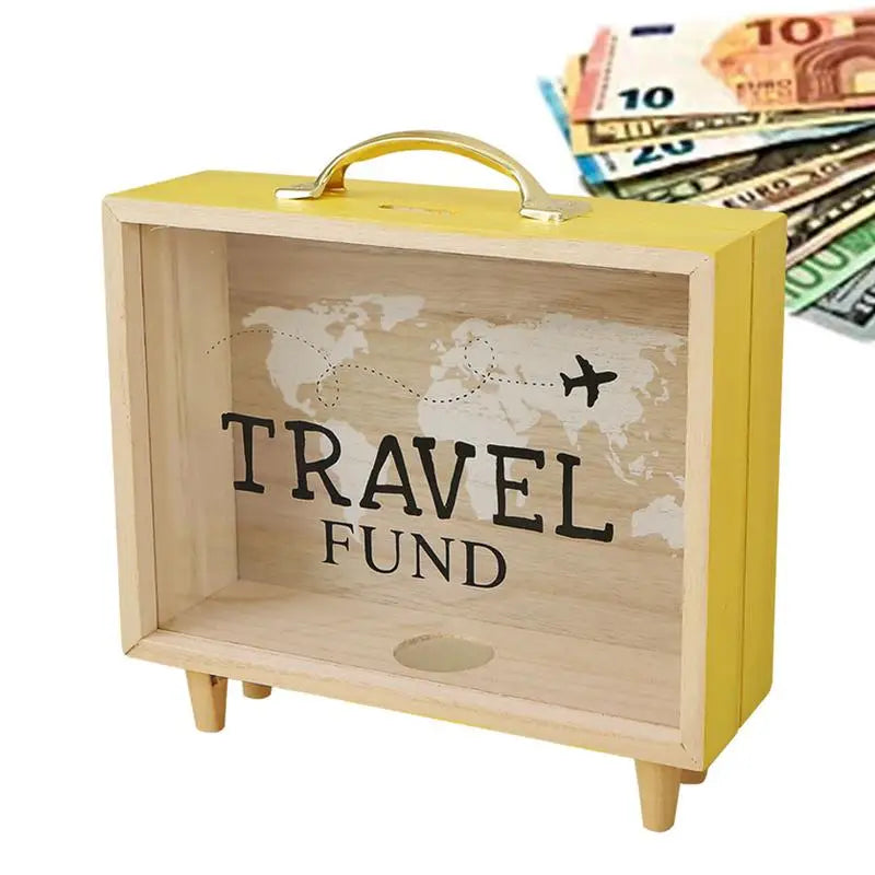 Money Saving Jar Travel Fund Piggy Bank Wooden Suitcase Bank Counting Money Jar Funny Money Bank Desktop Decor Ticket ShadowBox