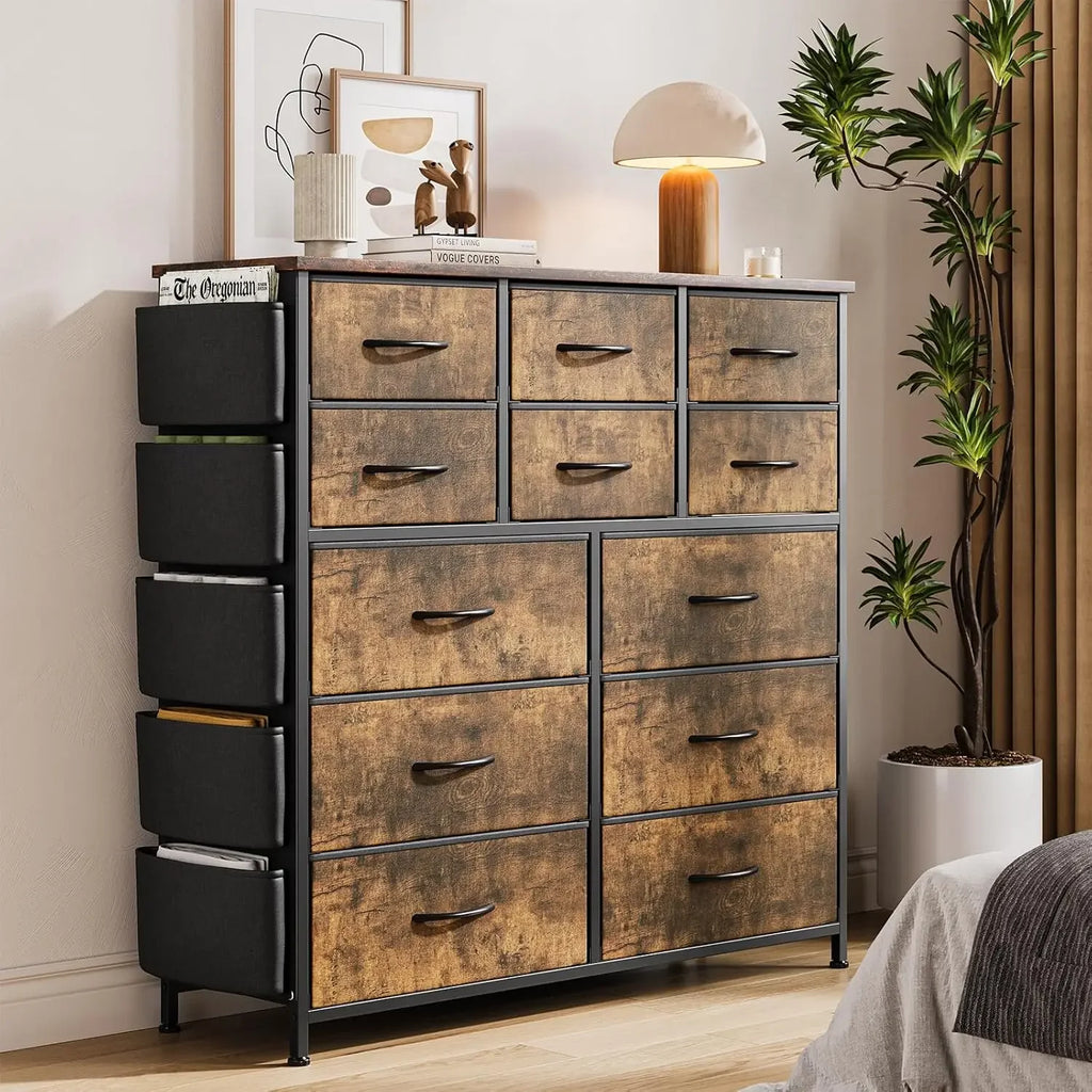 12 Dresser for Bedroom, Chest of Drawers for Bedroom with Side Pockets and Hooks, Fabric Storage Dresser, Sturdy Steel Frame