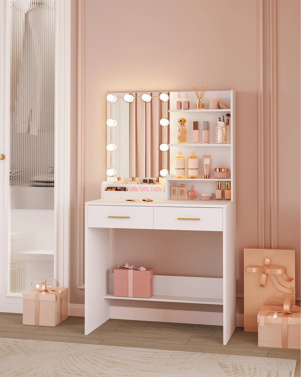 Hzuaneri Dressing Table with LED Lighting, Adjustable Brightness, with Mirror, Dresser with 2 Drawers, 4 Shelves, 2 Compartments