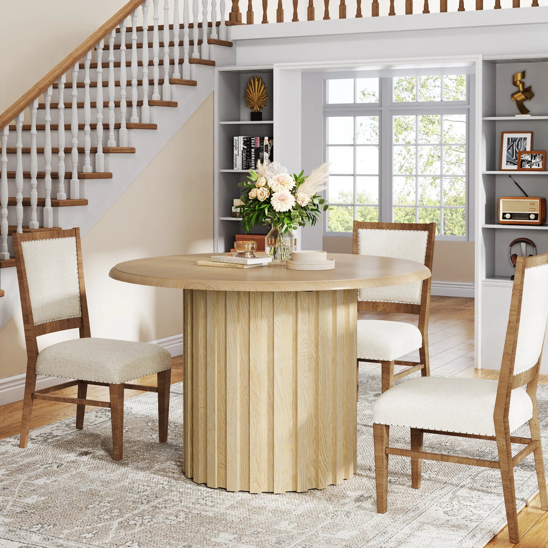 LITTLE TREE Oval Dining Table for 6 People, 55.11-Inch Farmhouse Kitchen Dinner Table with Cylindrical Pedestal