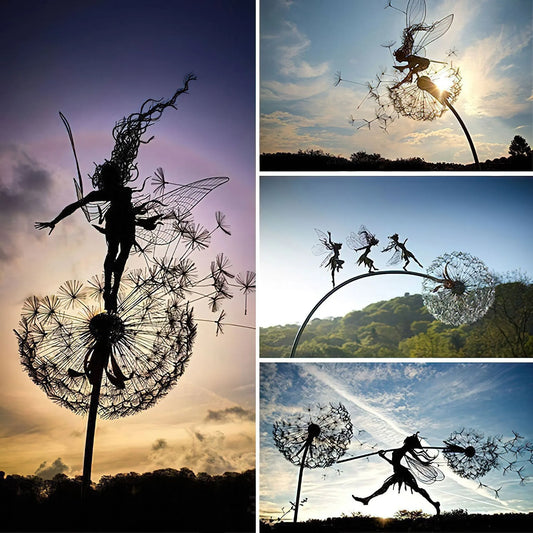Fairies Angel With Dandelions Flowers Dance,Fairy Garden Decoration Outdoor,Sculptures & Figurines Inserted Soil Metal Craft