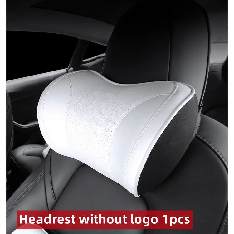 Nappa Leather Memory Cotton Headrest Car Seat Lumbar Bolster Tender Neck Pillow For Tesla Model 3 / Y / X S Interior Accessories