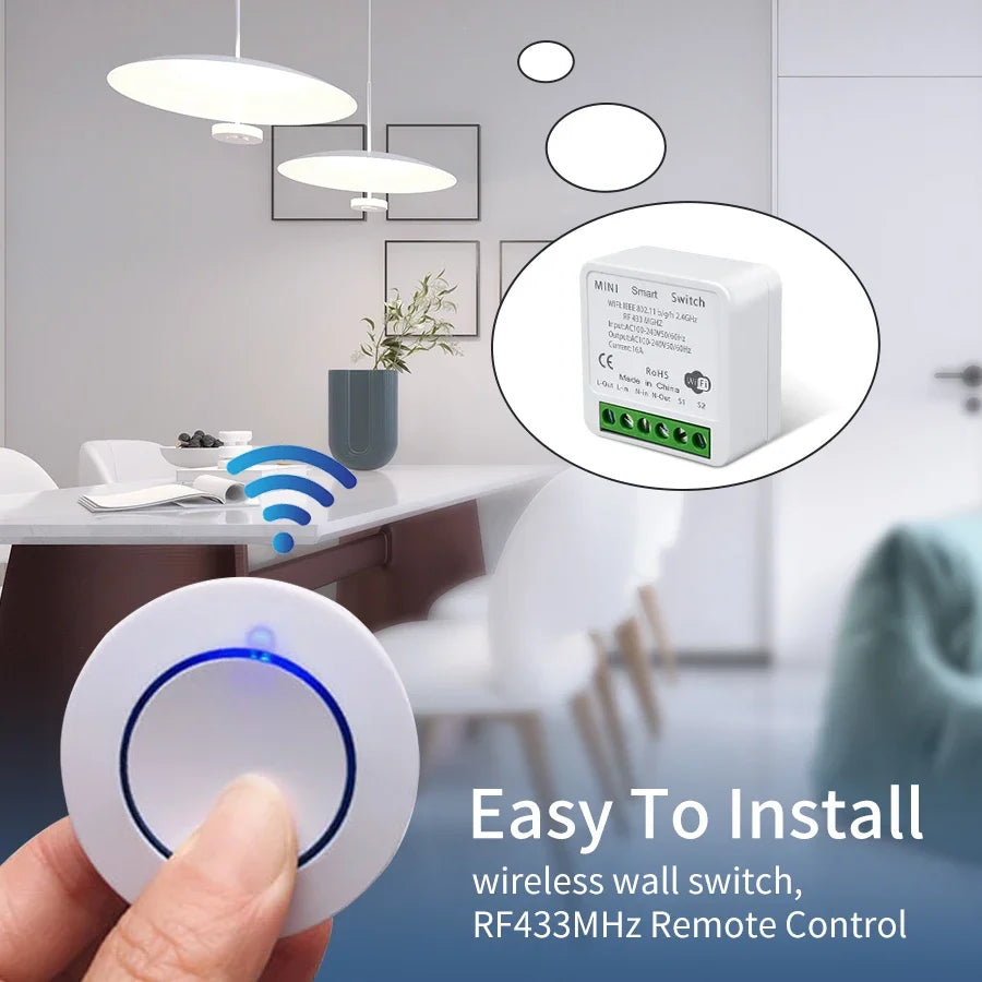 Tuya WiFi Smart Switch 16A 20A 100-240V Relay Controller RF433Mhz Wireless Remote Control Mini Round Panel Switch For LED Lamp