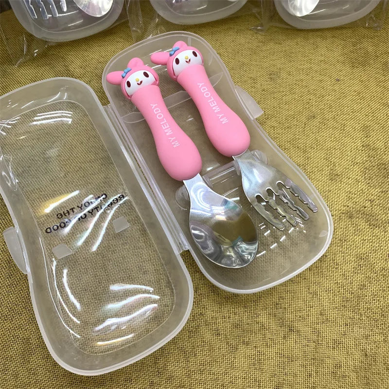 Cartoon Hello Kitty Children's Portable Tableware Anime Cinnamoroll My Melody Kuromi 304 Stainless Steel Fork and Spoon Set