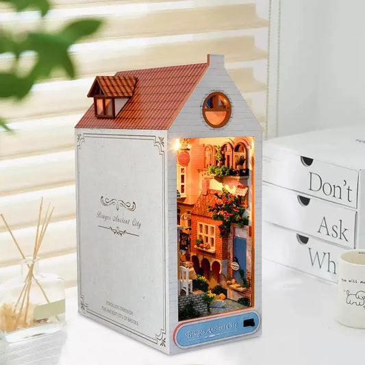 Miniature Dollhouse Book Nook Wooden Bookend Kits with LED Lights Multi-Purpose Furniture Model for Bedroom Living Room decor