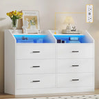 6 Drawer Dresser with LED Light and Charging Station, Modern Chest of Drawers, Wide Drawer Organizer Cabinet for Living Room