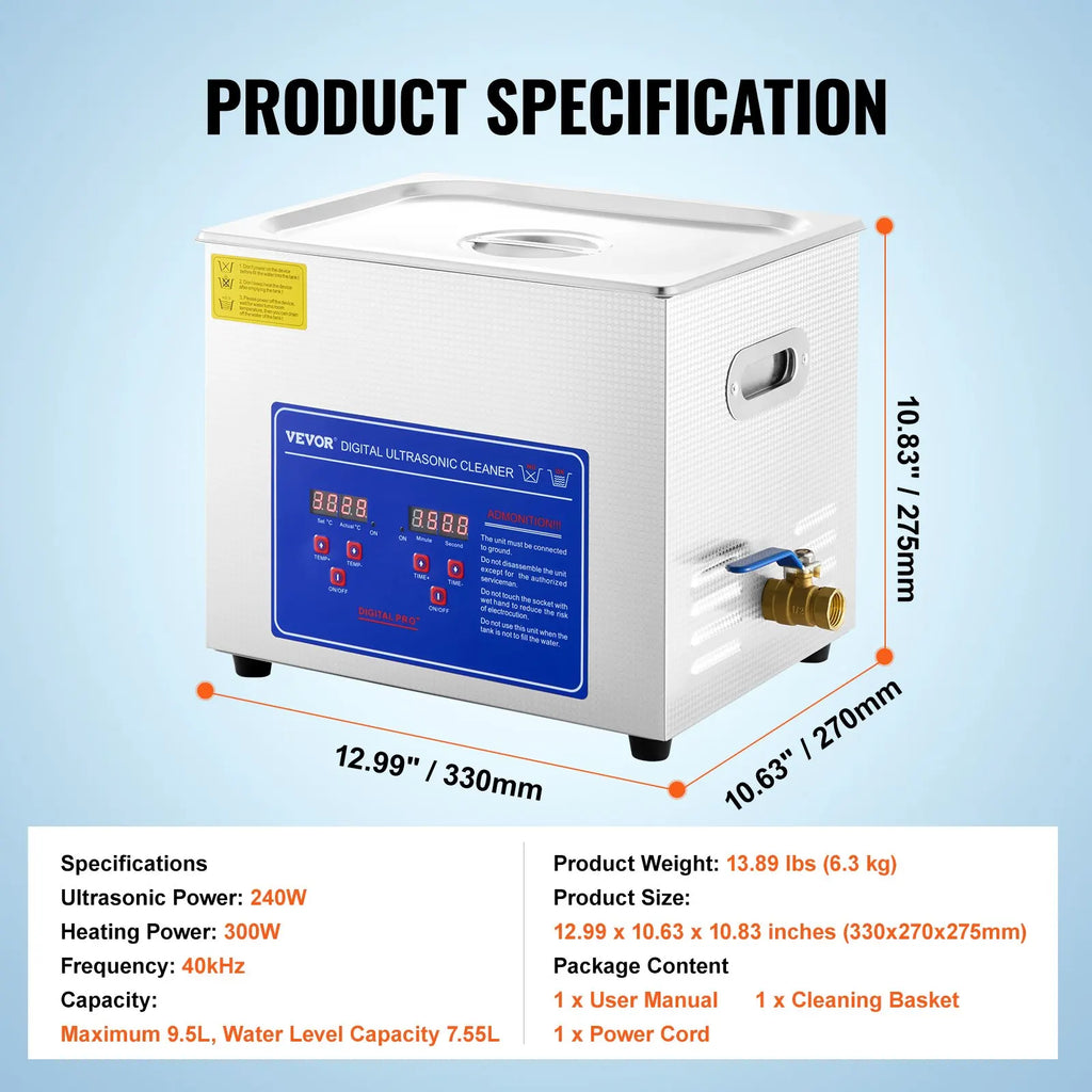 VEVOR Ultrasonic Cleaner with Digital Timer - 2L to 30L Stainless Steel Tank for Jewelry, Glasses, Watches & Industrial Parts