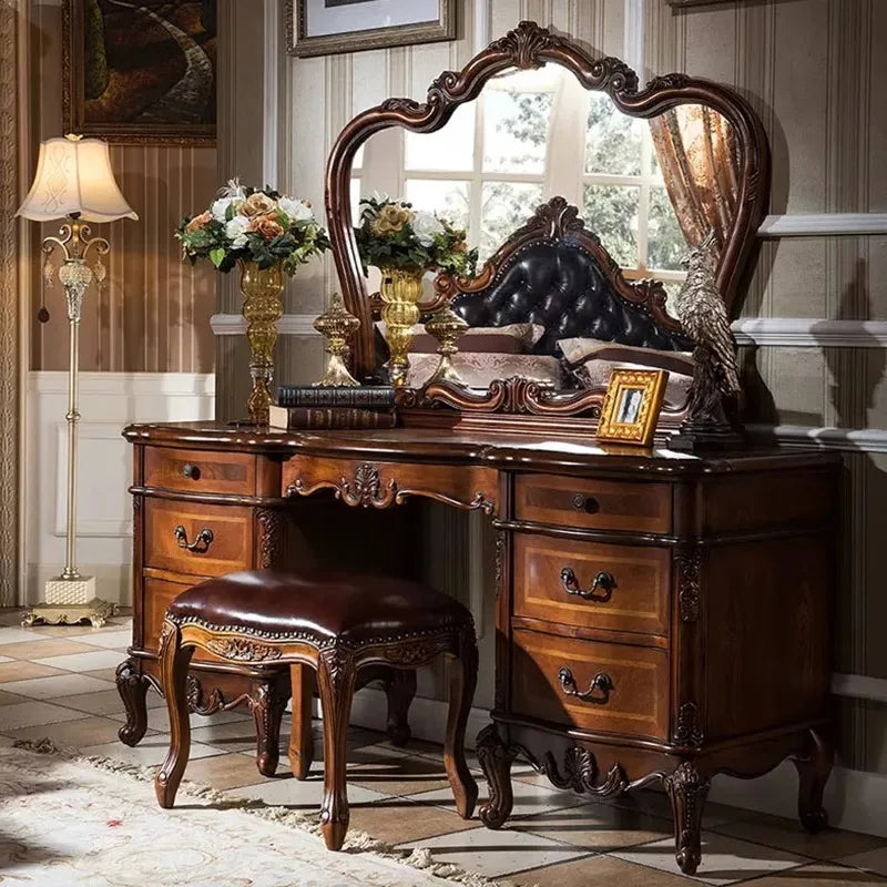 Nordic Hollywood Chair Vanity Wood Storage Mirror Organizer Luxury Dressers Bedroom Makeup Seating Penteadeira Furniture Home