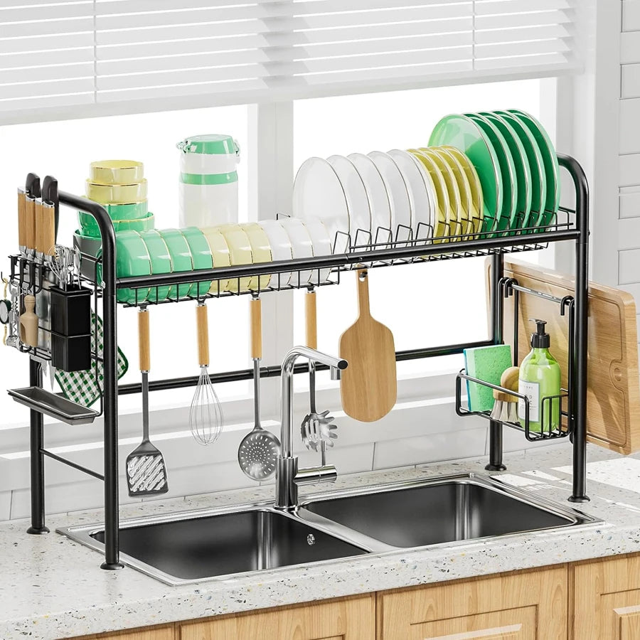 85cm Over Sink Dish Drying Rack, Large Capacity Metal Kitchen Organizer with Utensil Holder & Hooks, Space Saving For Countertop