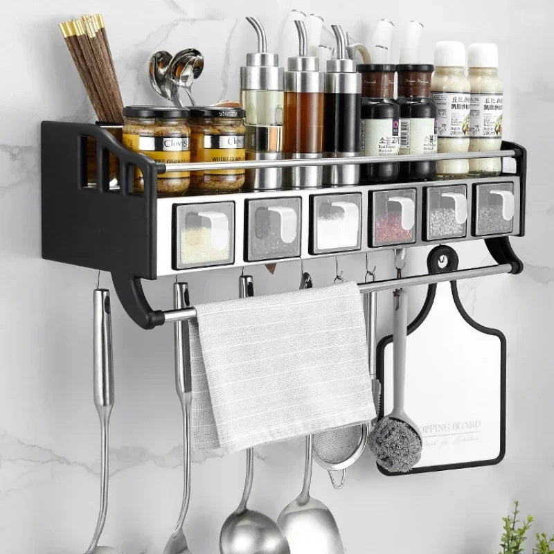 Stainless Steel Kitchen Utensils Holder, Wall-Mounted Spice Rack, Moisture-Proof Storage Shelves, Multiple Grid Partitions
