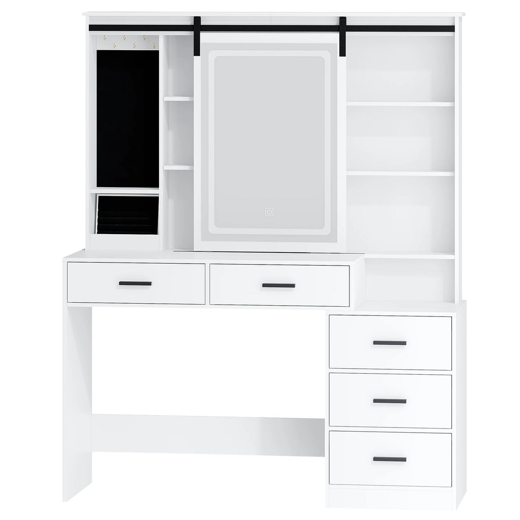 Dressing Table with Adjustable LED Lighting, Removable Large Mirror, with Jewelry Storage, Open Shelves, 5 Drawers,  White