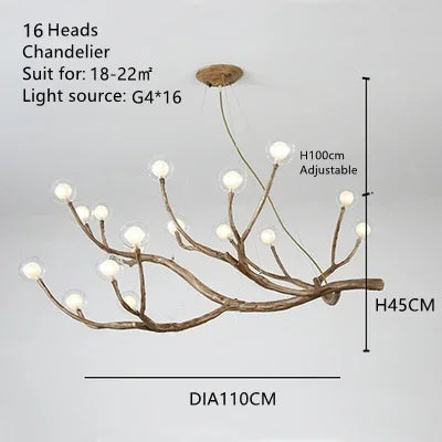 Resin Tree Branch Glass Bubble LED Pendant Chandelier for Retro Home Decor
