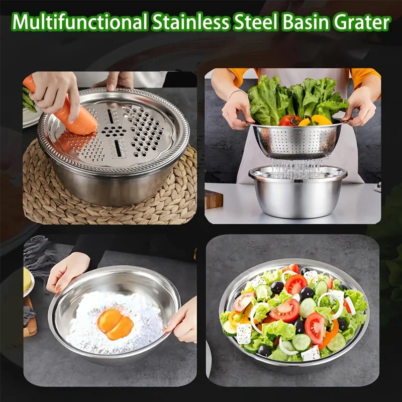 4-in-1 Stainless Steel Kitchen Multifunctional Basin with Lid Airtight Rice Washer Drain Colander Ginger Cheese GraterEssential