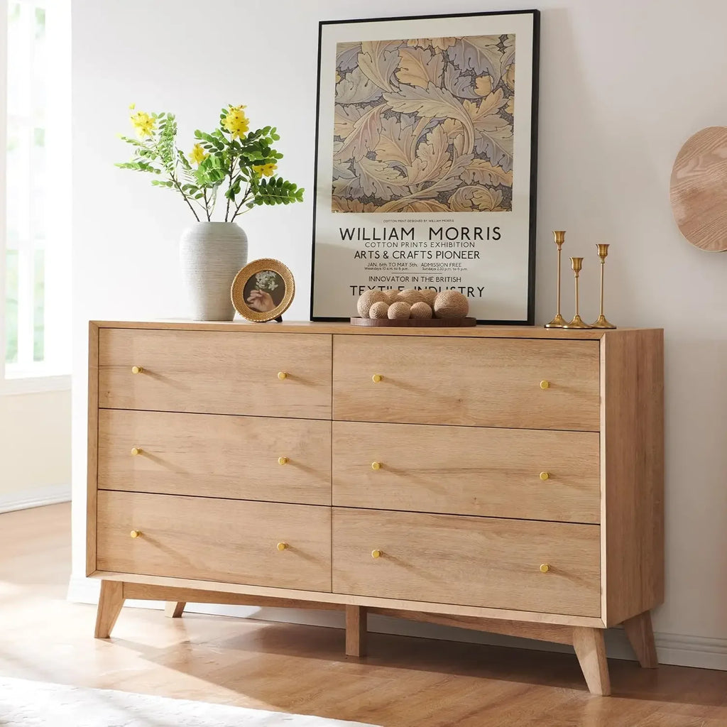 6 Drawer Dresser, 54" Wide Mid Century Modern Chest of Drawers, Beveled Profile Design, Wood Drawer Organizer for Bedroom