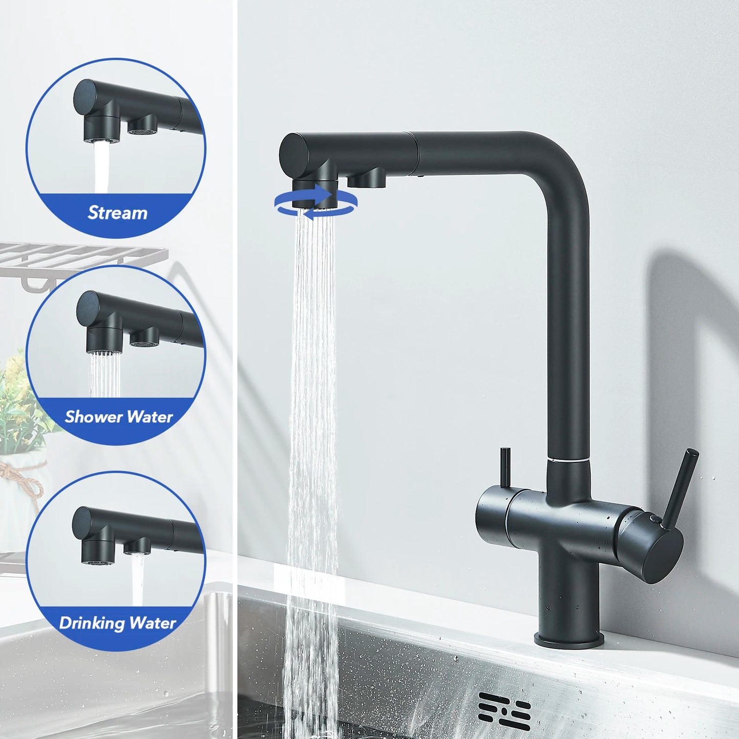 Matte Black Pulling Filter Kitchen Faucet Hot & Cold Water Mixer Dual Mode Filtration Purification Kitchen Sinks 360 Rotation