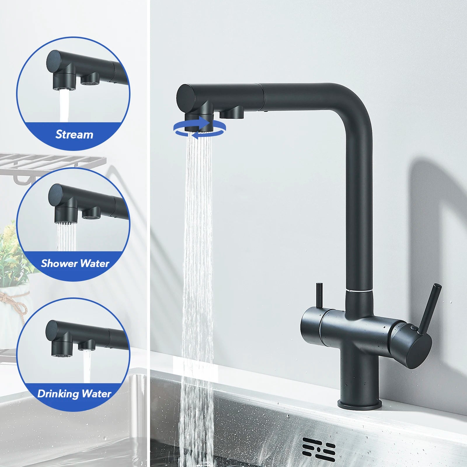 Matte Black Pulling Filter Kitchen Faucet Hot & Cold Water Mixer Dual Mode Filtration Purification Kitchen Sinks 360 Rotation