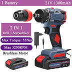 21V 2in1 Lithium Drill Electric Screwdriver Power Tool 55Nm Torque Brushless Motor Practical Screw Driver for Home Appliances