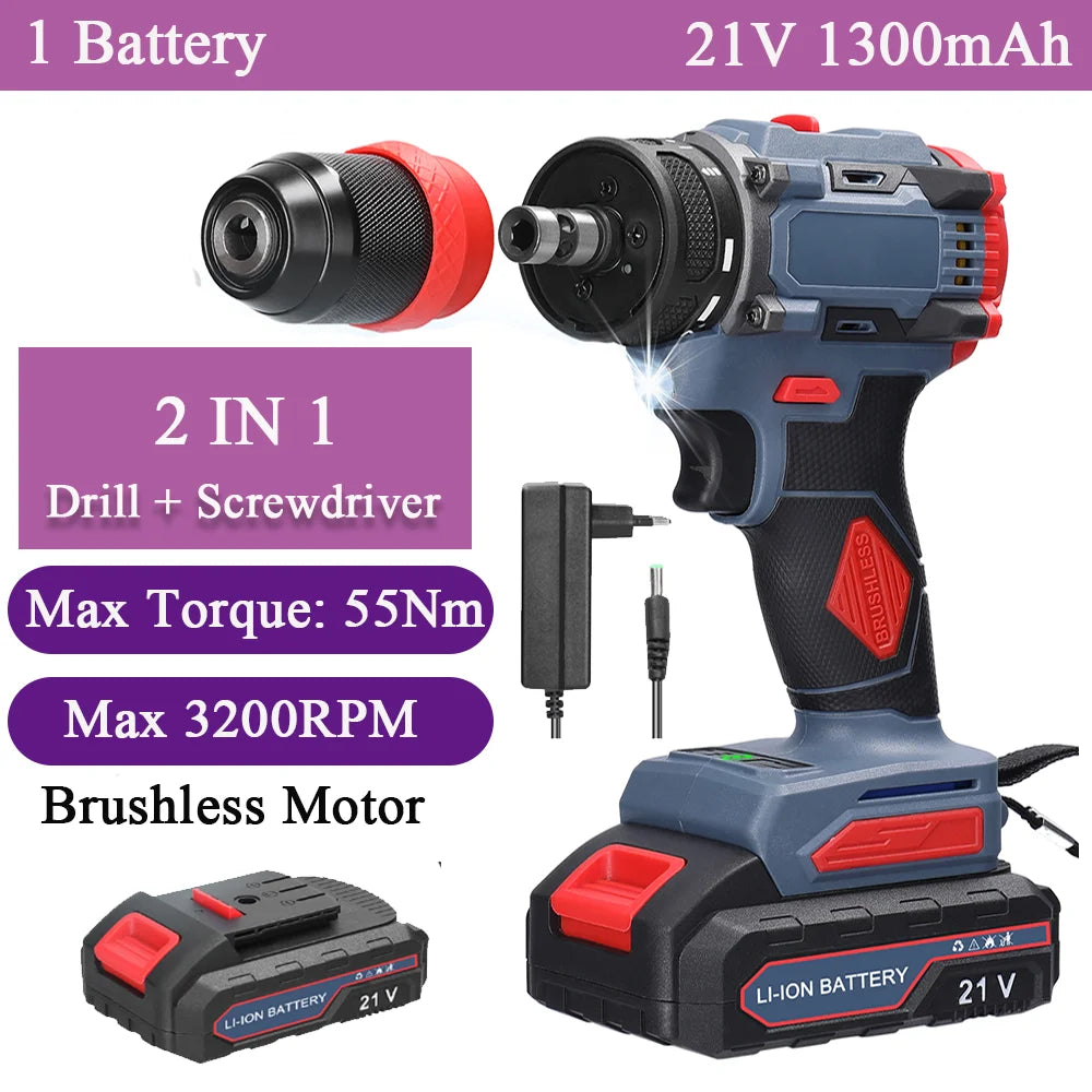 21V 2in1 Lithium Drill Electric Screwdriver Power Tool 55Nm Torque Brushless Motor Practical Screw Driver for Home Appliances