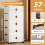 Multi-layer Foldable Double Door Plastic Storage Cabinet with Wheels - Large Capacity Organizer for Bedroom Living Room Kitchen