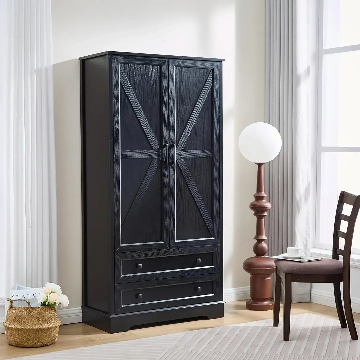 Dresser for Bedroom, 5 Drawer Wood Dresser, Black Dresser Farmhouse Dressers with 5 Wooden Drawers and Storage Cabinet