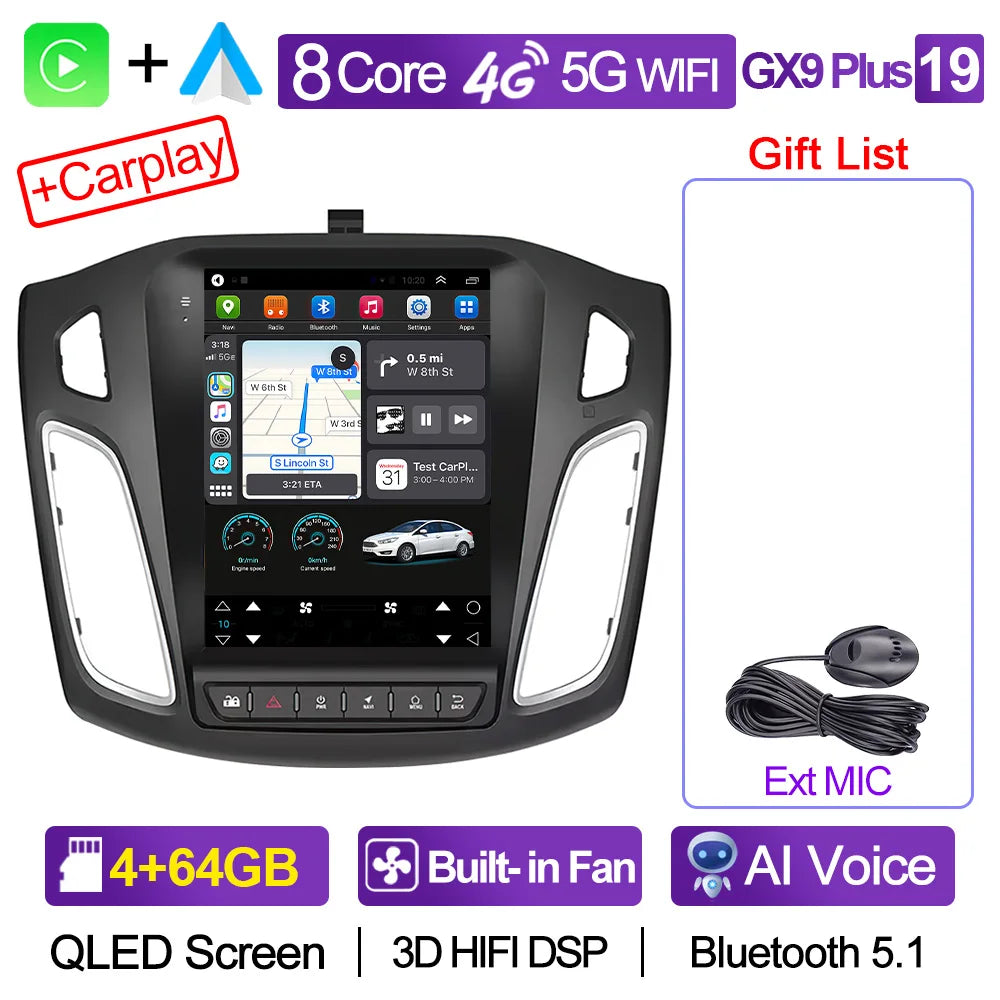 CAIXI GX9 Car Radio Multimedia Player for Ford Focus 3 Mk 3 2011 - 2019 Android 12 2din Carplay Auto Stereo GPS Vertical Tesla