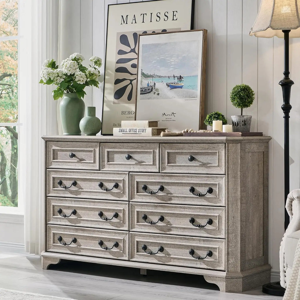 Farmhouse 9 Drawers Dresser for Bedroom, 54" Wide Wood Rustic Chest of Drawers with Natural Texture, Vintage Design, Storage