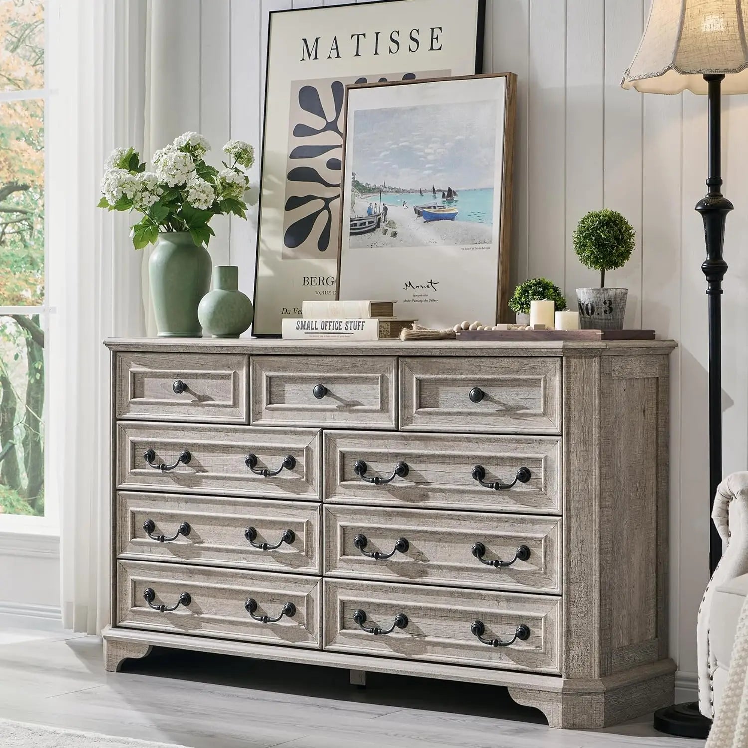 Farmhouse 9 Drawers Dresser for Bedroom, 54" Wide Wood Rustic Chest of Drawers with Natural Texture, Vintage Design, Storage
