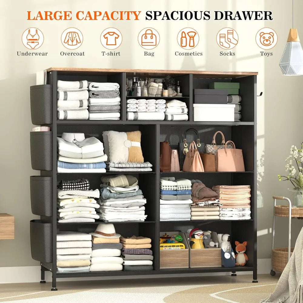 Dresser for Bedroom Chest of Drawers with Side Pockets and Hooks, Fabric Storage Organizer Unit for Living Room, Hallway, Closet