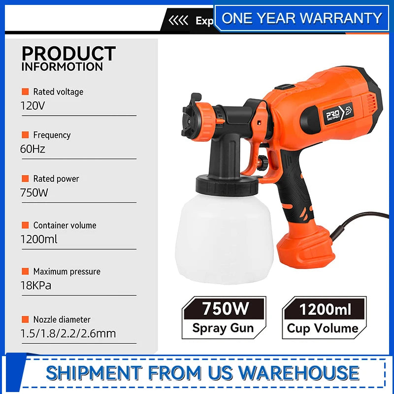 750W Electric Spray Gun 4 Nozzle Sizes 1200ml HVLP Household Paint Sprayer Flow Control Easy Spraying by PROSTORMER