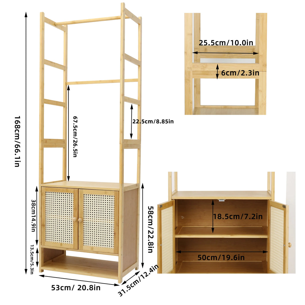 Clothes Stand with Cabinet Free-standing Bamboo Open Garment Rack with Storage Shelves Hanging Clothes Rack for Living Room