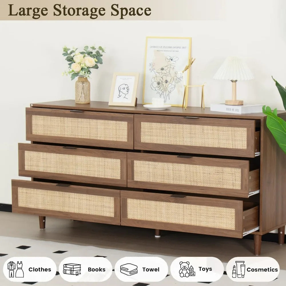 6 Drawer Double Dresser for Bedroom,Natural Rattan Modern Drawer Chest,Wooden Storage Wardrobe Dresser with Black Handles,Floor