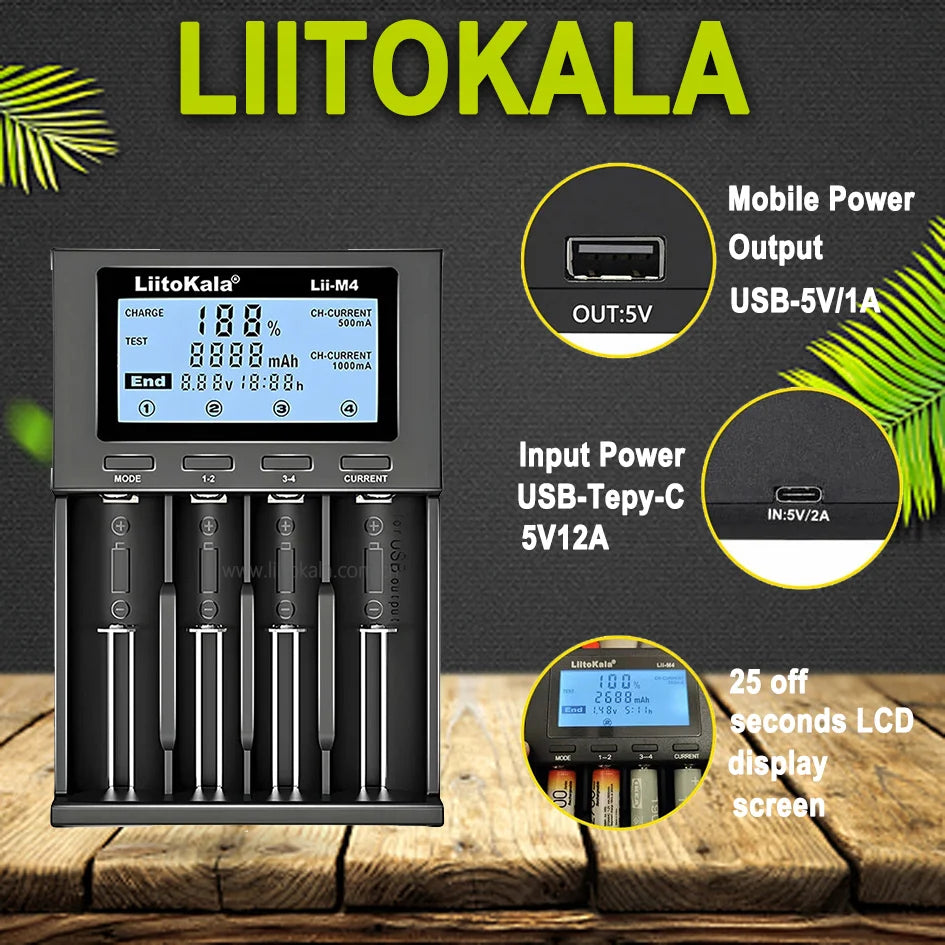 LiitoKala Lii-M4S 18650 LCD Multifunctional Battery Charger For 3.7V 1.2V 26650 21700 14500 18350 17500 AA AAA A C And Other